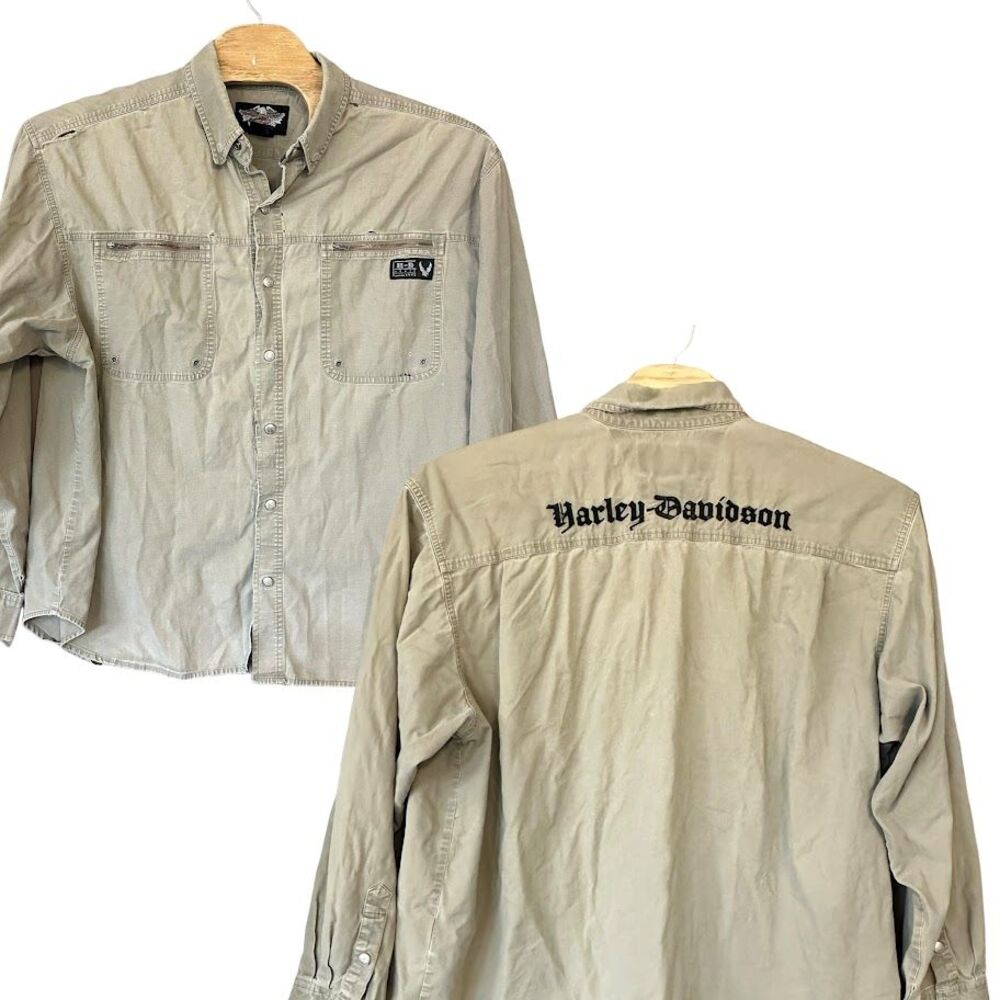 Harley Davidson Khaki Green Distressed Back Spell Out Snap Up Shirt‎ Mens XXXL